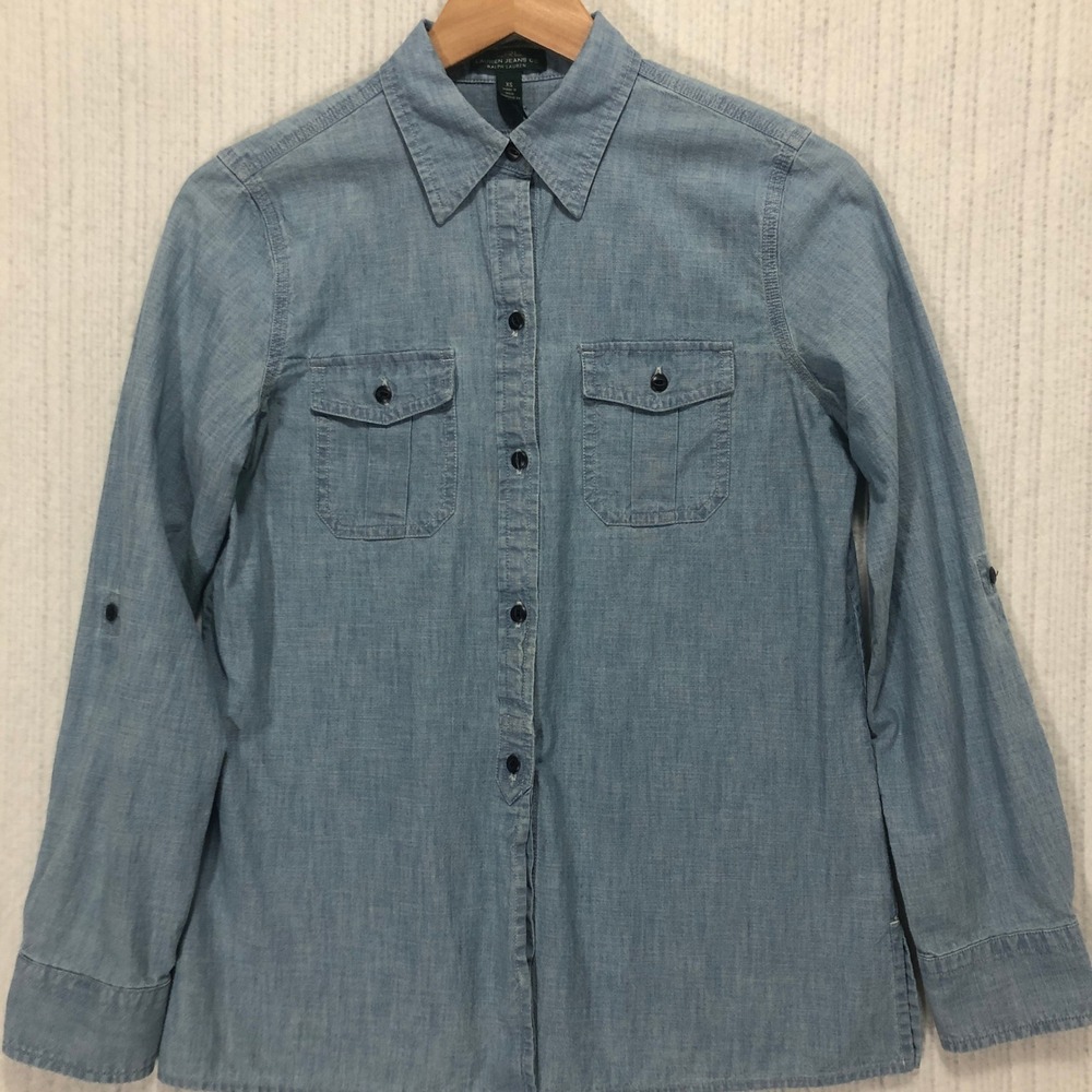 Lauren Jeans Co. Denim Shirt‎ Embroidered Back Roll Tab Sleeve Women's Size XS